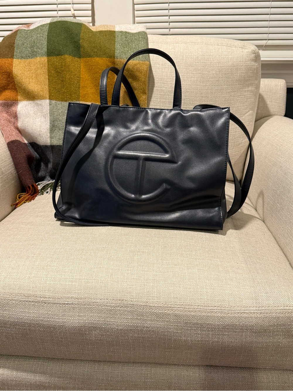 Telfar Medium Navy Shopping Tote - Vegan Leather Shoulder Bag